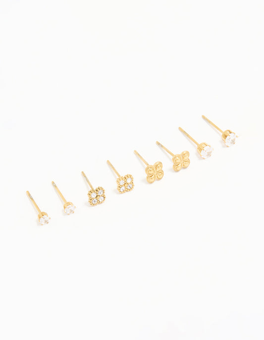 Waterproof Gold Plated Stainless Steel Cubic Zirconia Flower & Classic Stud Earrings 4-Pack