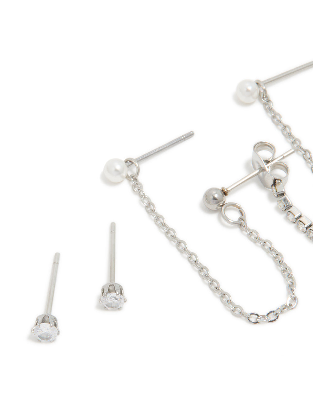 Waterproof Stainless Steel Cubic Zirconia Bow Chain Earrings 3-Pack