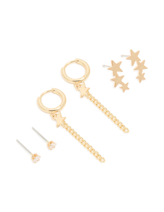 Waterproof Gold Plated Stainless Steel Cubic Zirconia Celestial Stacker Earrings 3-Pack
