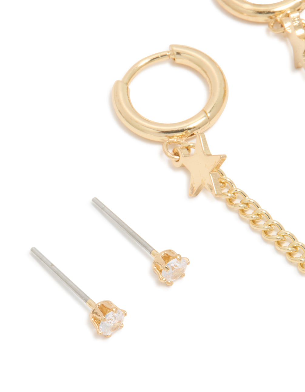 Waterproof Gold Plated Stainless Steel Cubic Zirconia Celestial Stacker Earrings 3-Pack