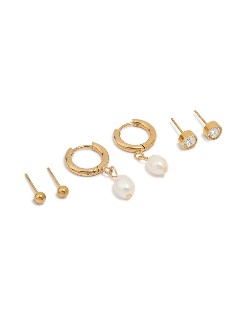Waterproof Gold Plated Stainless Steel Freshwater Pearl Huggie & Stud Earrings 3-Pack
