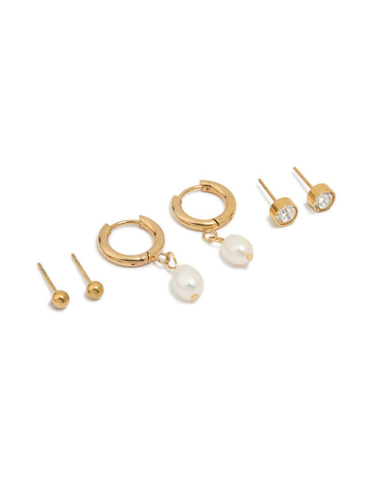 Waterproof Gold Plated Stainless Steel Freshwater Pearl Huggie & Stud Earrings 3-Pack