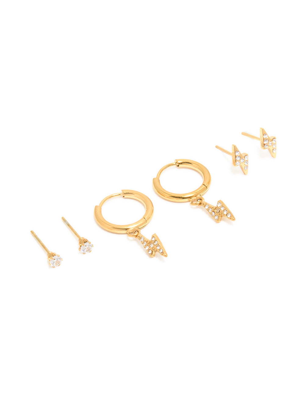 Waterproof Gold Plated Stainless Steel Cubic Zirconia Bolt Stacker Earrings 3-Pack