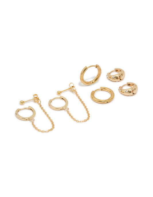 Waterproof Gold Plated Stainless Steel Cubic Zirconia & Sleek Huggie Earrings 3-Pack