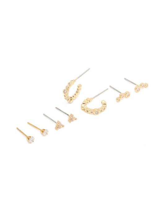 Waterproof Gold Plated Stainless Steel Diamante Stud Earrings 4-Pack
