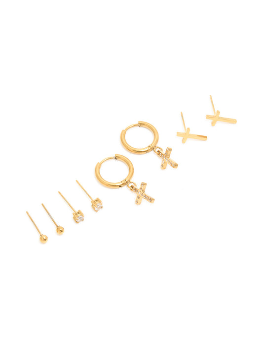 Waterproof Gold Plated Stainless Steel Cubic Zirconia Cross Stacker Earrings 4-Pack