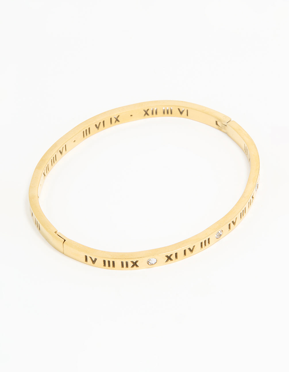 Waterproof Gold Plated Stainless Steel Diamante Roman Numeral Hinge Bangle