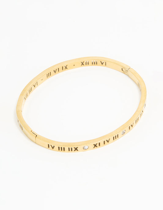 Waterproof Gold Plated Stainless Steel Diamante Roman Numeral Hinge Bangle
