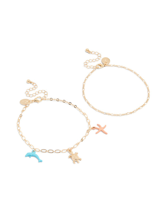 Gold Sea Animal & Chain Anklets 2-Pack