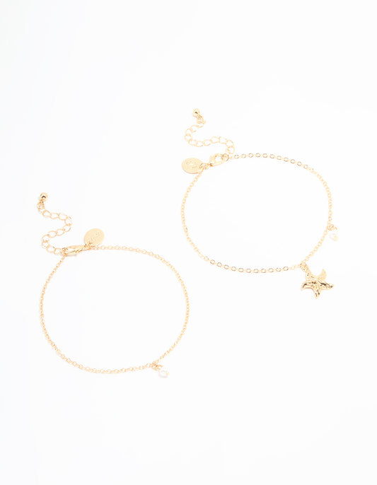 Gold Pearl & Starfish Anklets 2-Pack