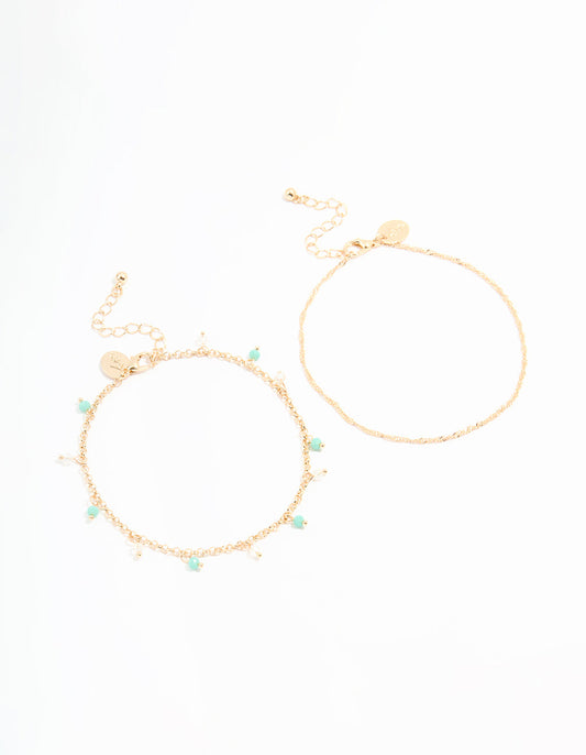 Gold Beaded & Chain Anklets 2-Pack