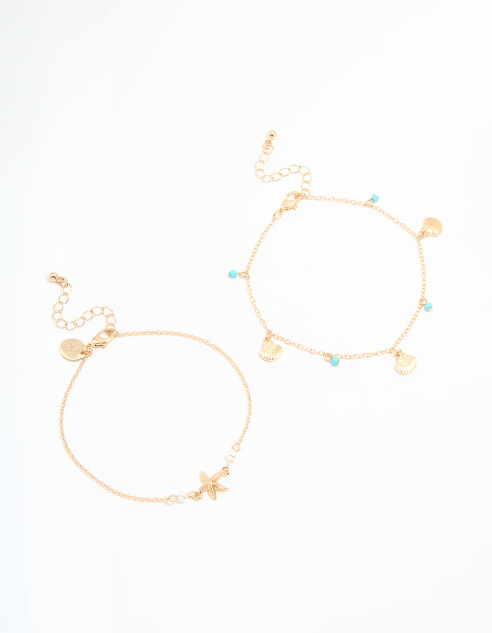 Gold Bead Shell & Tiny Starfish Anklets 2-Pack