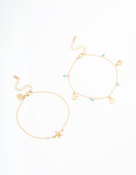 Gold Bead Shell & Tiny Starfish Anklets 2-Pack