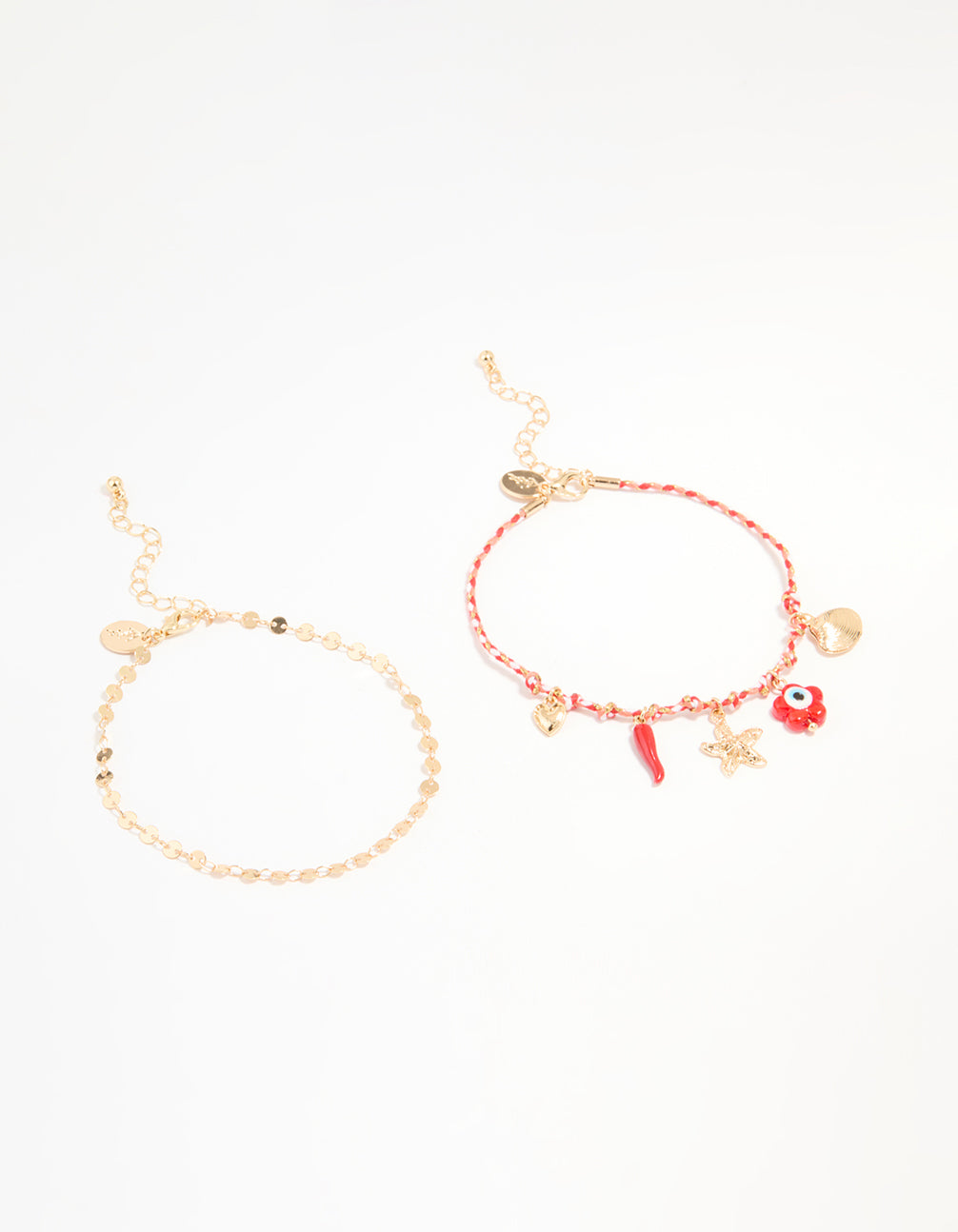 Gold Red Rope Starfish & Disc Anklets 2-Pack