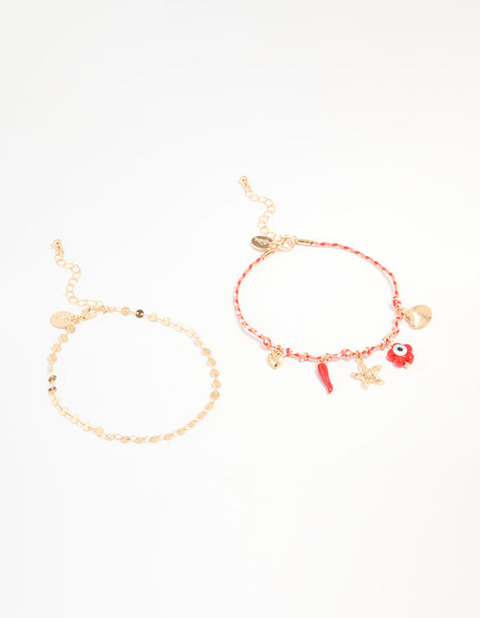 Gold Red Rope Starfish & Disc Anklets 2-Pack