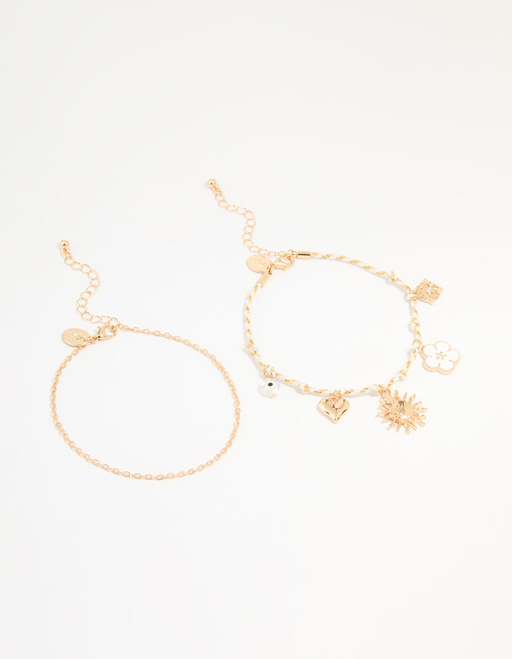 Gold White Rope Sun Charm & Chain Anklets 2-Pack