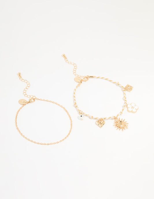 Gold White Rope Sun Charm & Chain Anklets 2-Pack