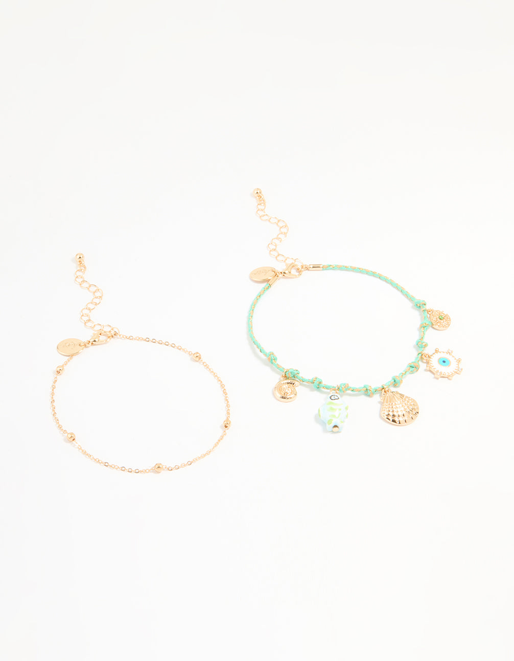 Gold Blue Rope Shell Charm & Chain Anklets 2-Pack