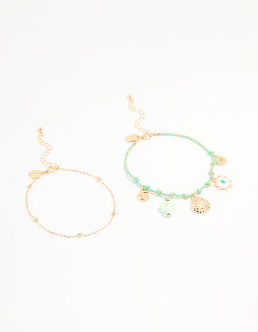 Gold Blue Rope Shell Charm & Chain Anklets 2-Pack