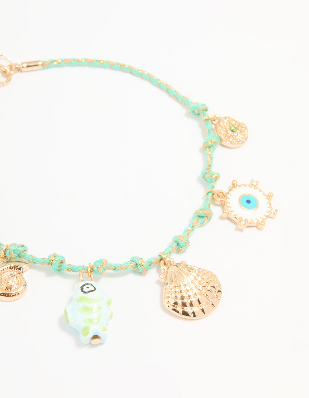 Gold Blue Rope Shell Charm & Chain Anklets 2-Pack