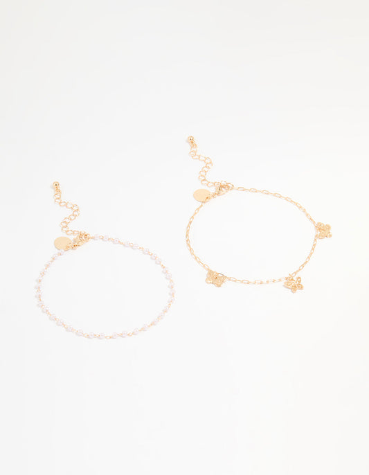 Gold Pearl & Butterfly Anklets 2-Pack