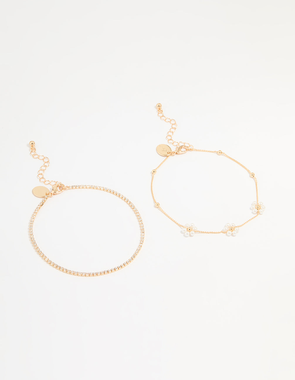 Gold Pearl Flower & Diamante Tennis Anklets 2-Pack