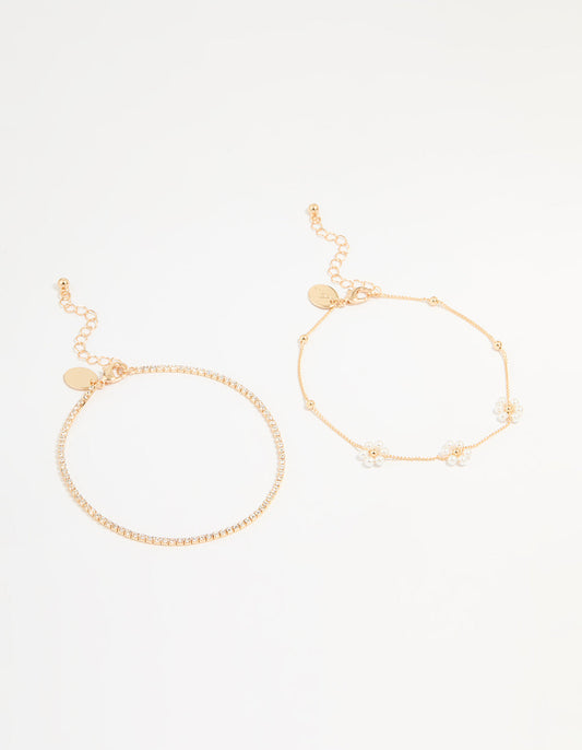 Gold Pearl Flower & Diamante Tennis Anklets 2-Pack