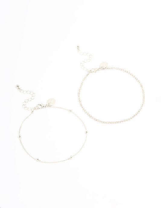 Silver Diamante & Ball Anklets 2-Pack