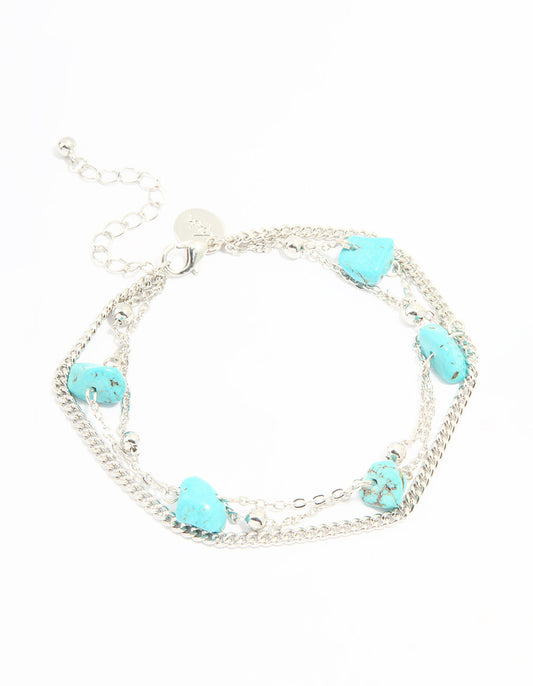 Silver Turquoise Stone & Chain Layered Anklet