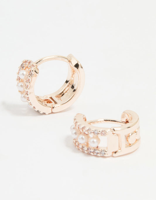 Rose Gold Plated Cubic Zirconia Pearl Hoop Earrings