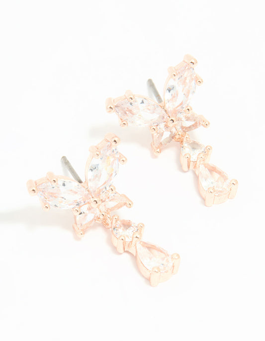 Rose Gold Plated Cubic Zirconia Butterfly Teardrop Stud Earrings