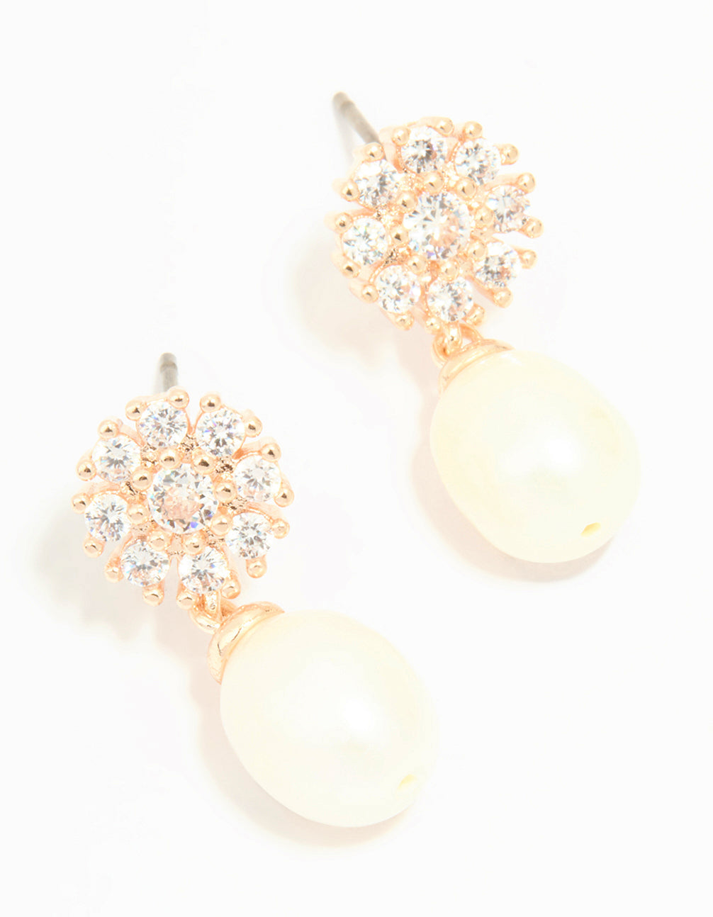 Rose Gold Plated Cubic Zirconia Flower & Pearl Drop Earrings