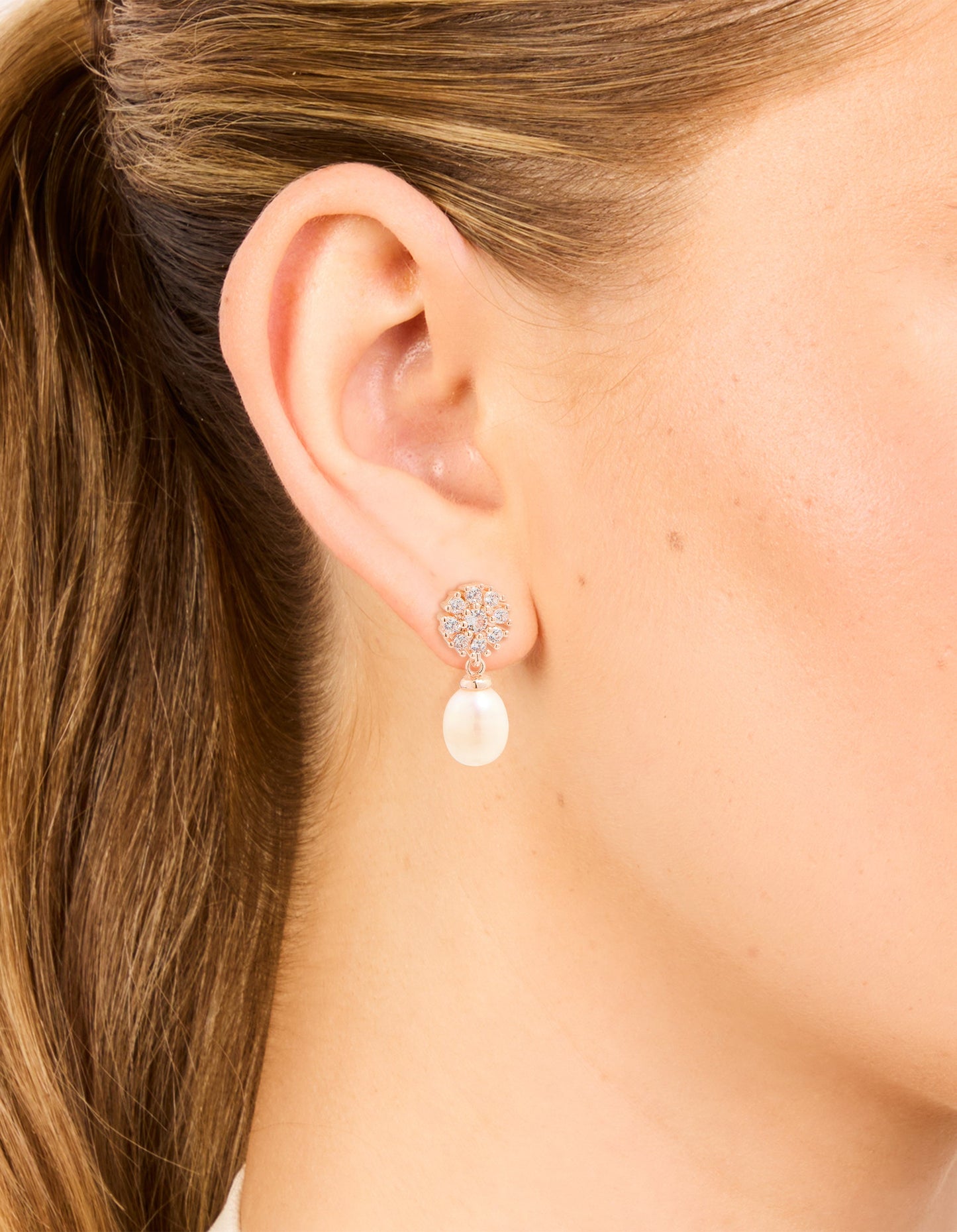 Rose Gold Plated Cubic Zirconia Flower & Pearl Drop Earrings