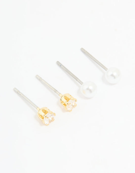 Rose Gold Plated Cubic Zirconia Pearl & Classic Stud Earrings 2-Pack