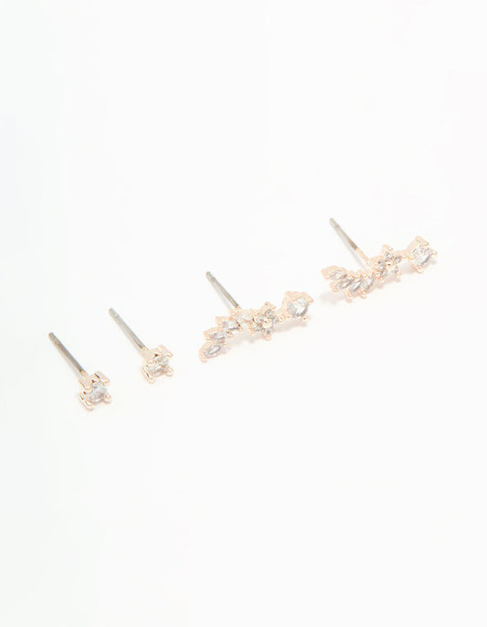 Rose Gold Plated Cubic Zirconia Flower Swirl Stud Earrings 3-Pack