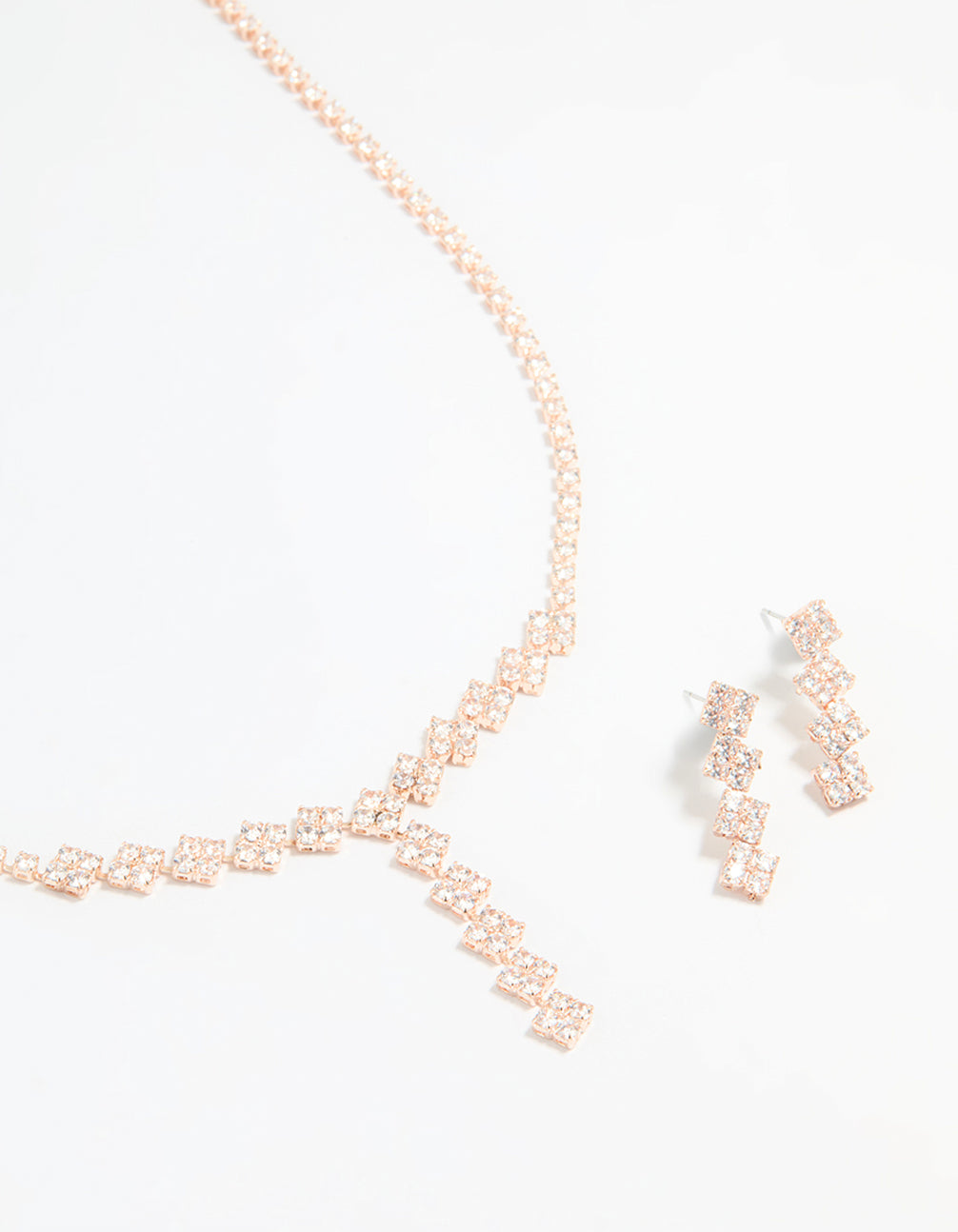 Rose Gold Plated Cubic Zirconia Square Drop Necklace & Earrings Set