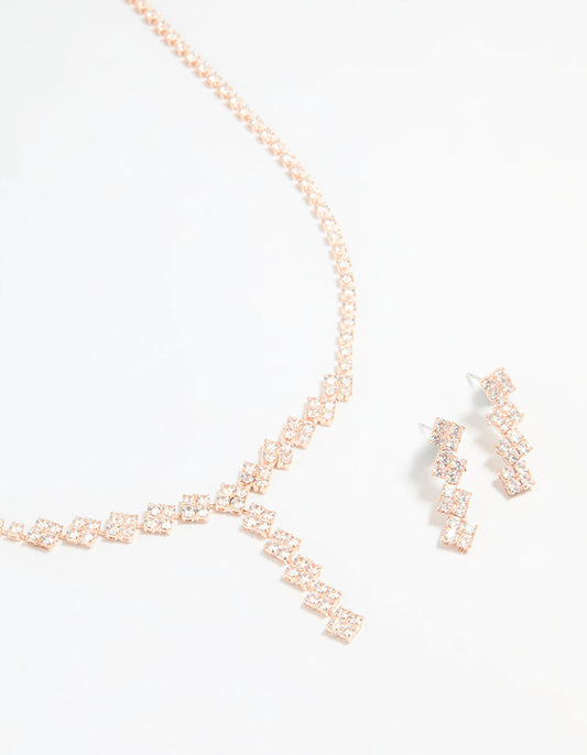 Rose Gold Plated Cubic Zirconia Square Drop Necklace & Earrings Set