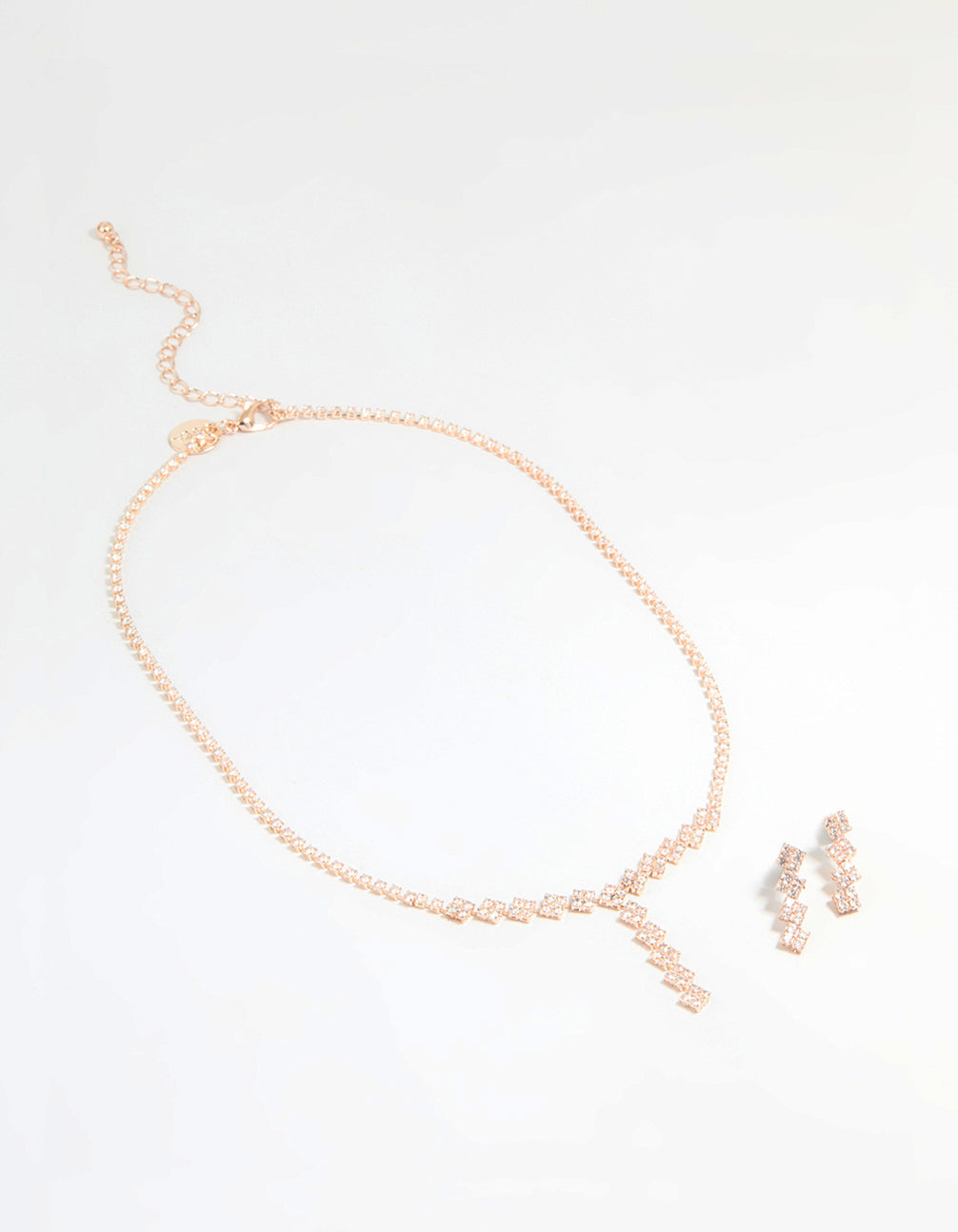 Rose Gold Plated Cubic Zirconia Square Drop Necklace & Earrings Set
