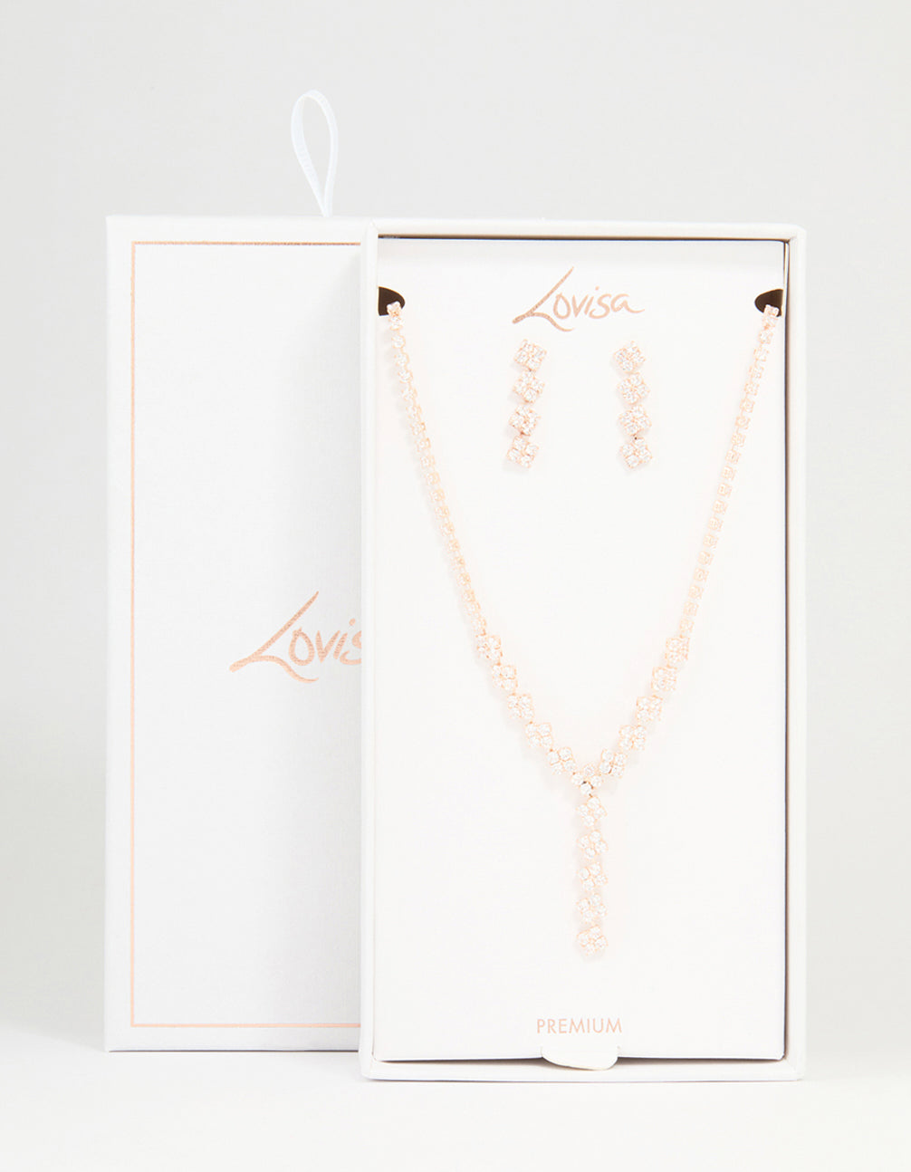 Rose Gold Plated Cubic Zirconia Square Drop Necklace & Earrings Set