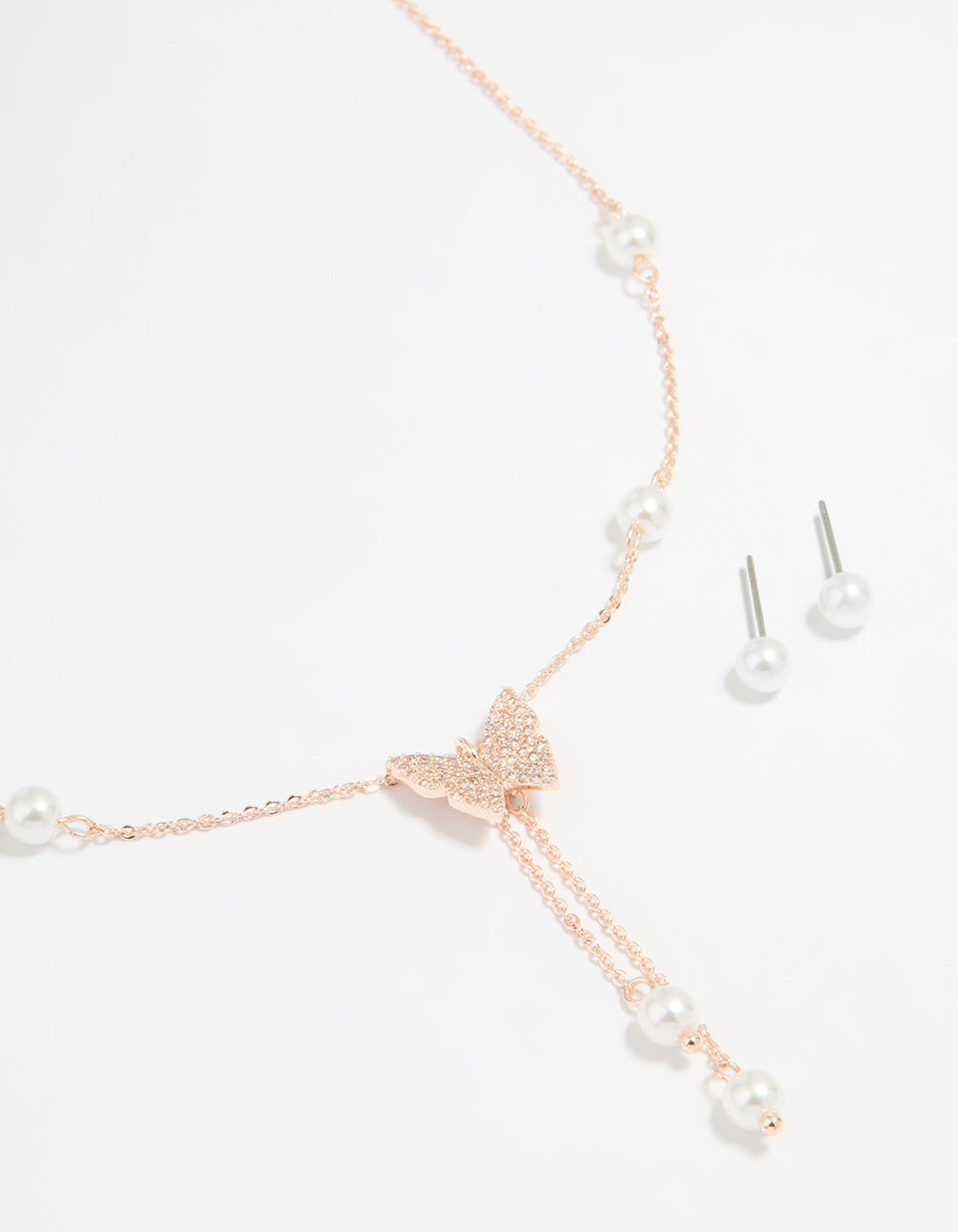 Rose Gold Plated Cubic Zirconia Butterfly & Pearl Necklace & Earrings Set