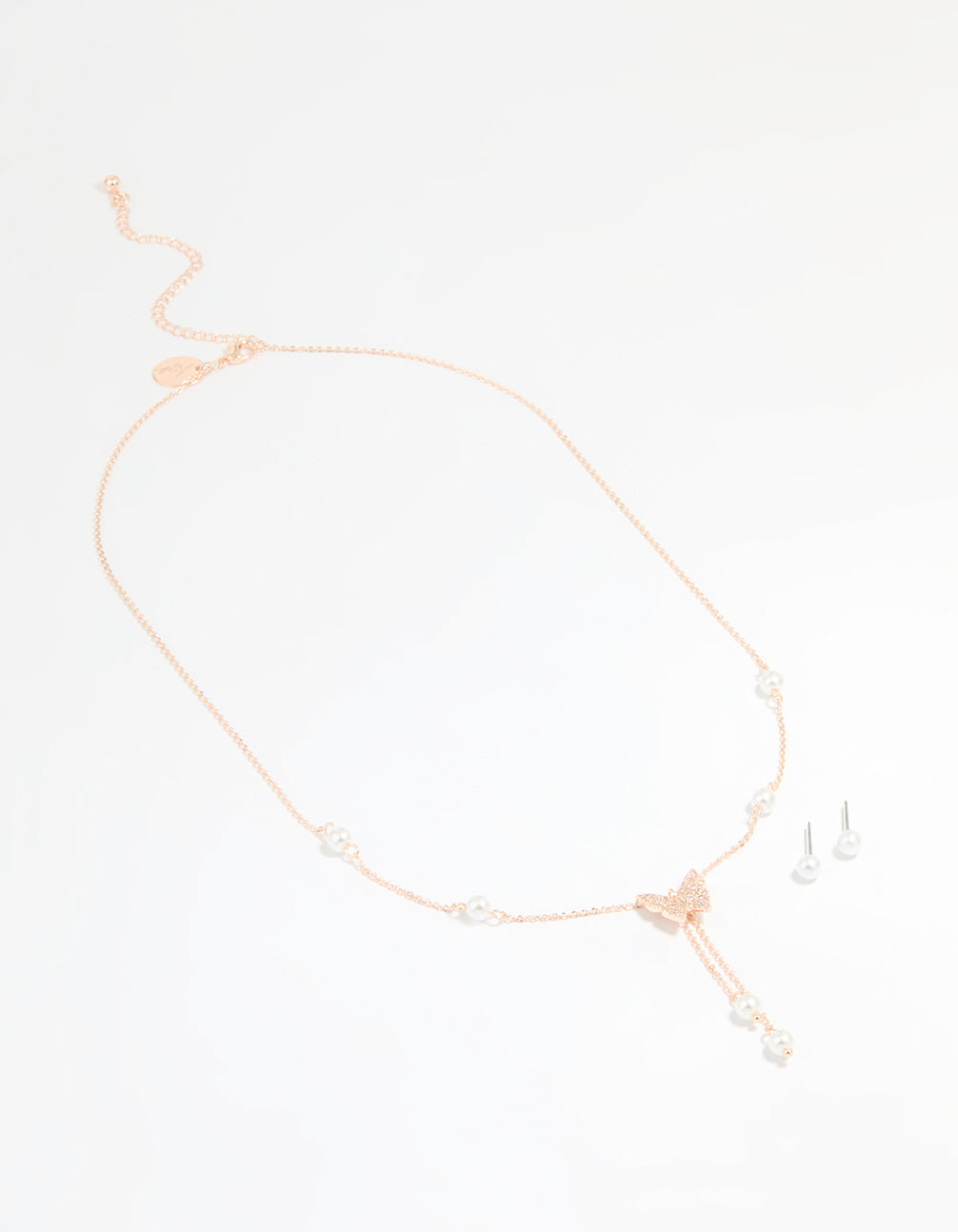Rose Gold Plated Cubic Zirconia Butterfly & Pearl Necklace & Earrings Set