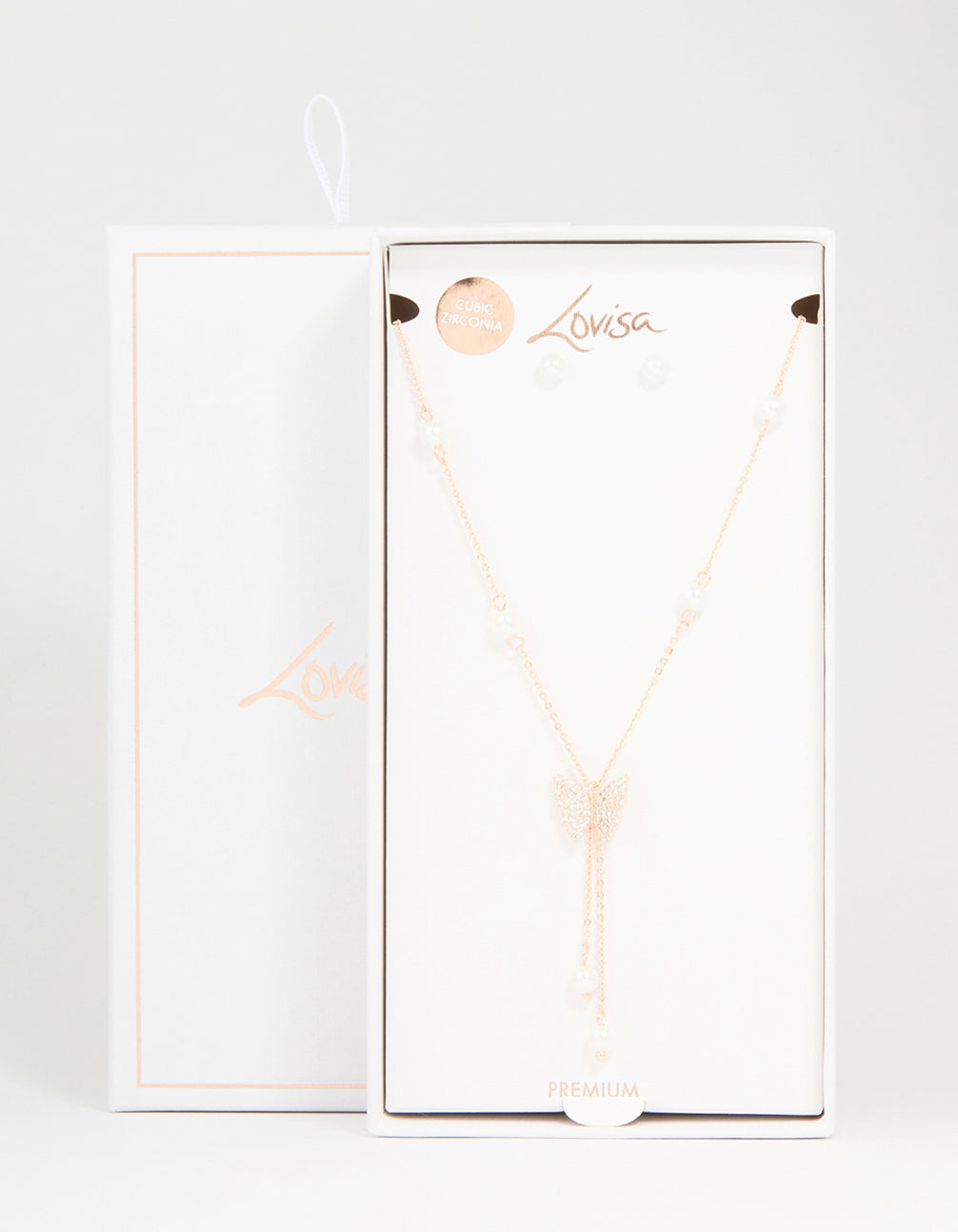 Rose Gold Plated Cubic Zirconia Butterfly & Pearl Necklace & Earrings Set