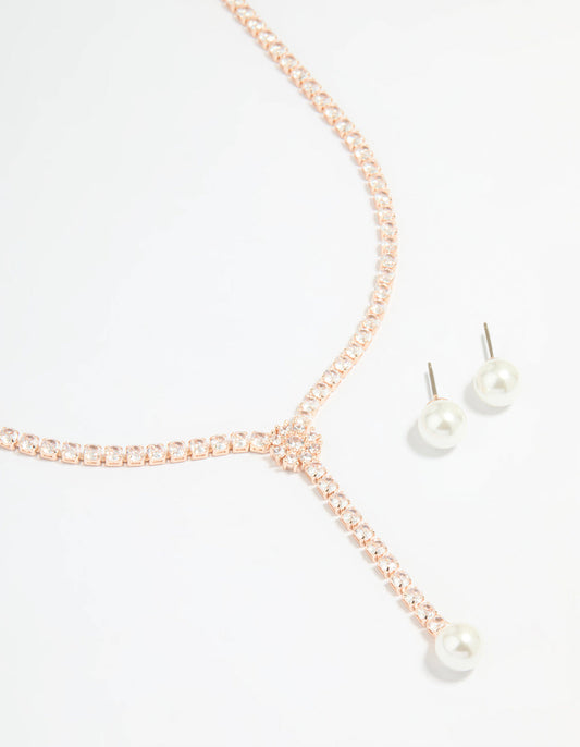 Rose Gold Plated Pearl & Cubic Zirconia Flower Y-Necklace & Earrings Set