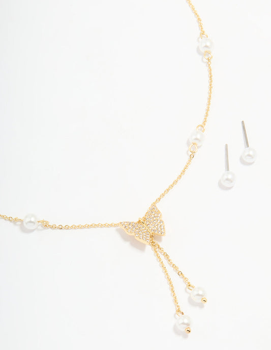 Gold Plated Cubic Zirconia Butterfly Pearl Necklace & Earrings Set