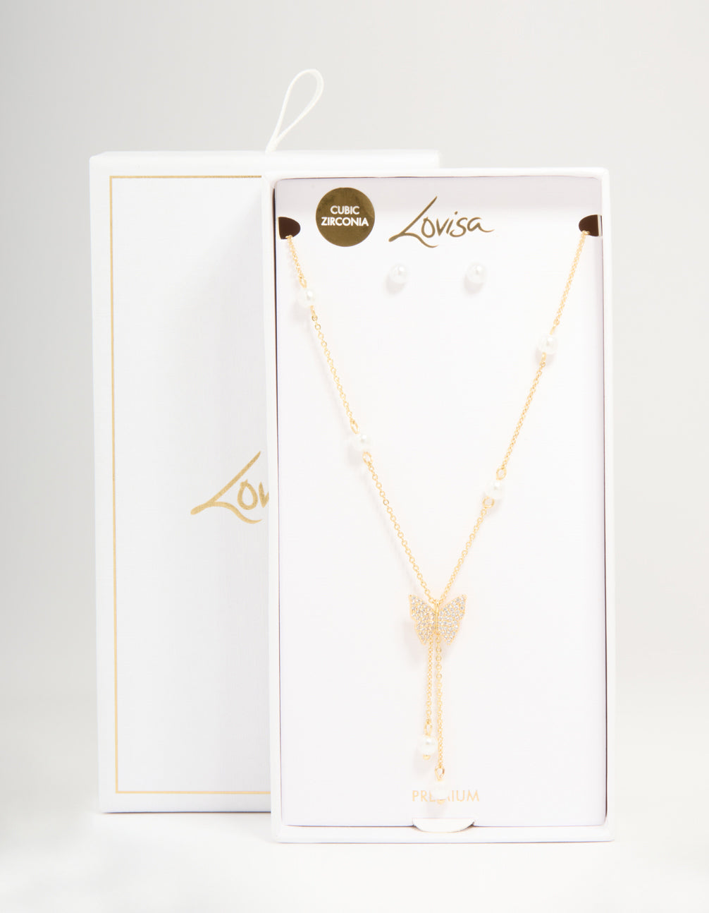 Gold Plated Cubic Zirconia Butterfly Pearl Necklace & Earrings Set