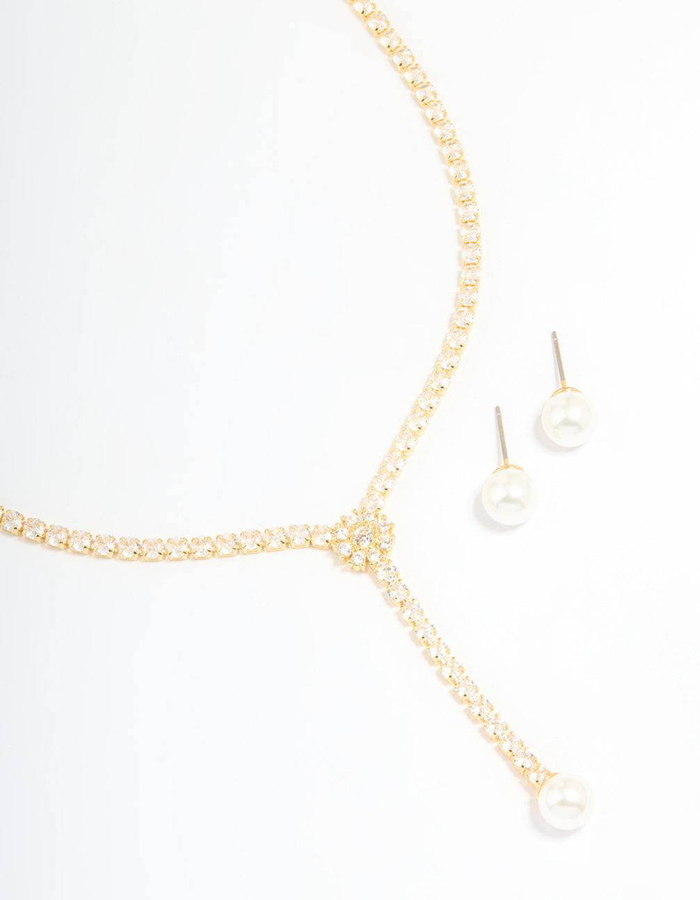 Gold Plated Pearl Flower Cubic Zirconia Y-Necklace & Earrings Set