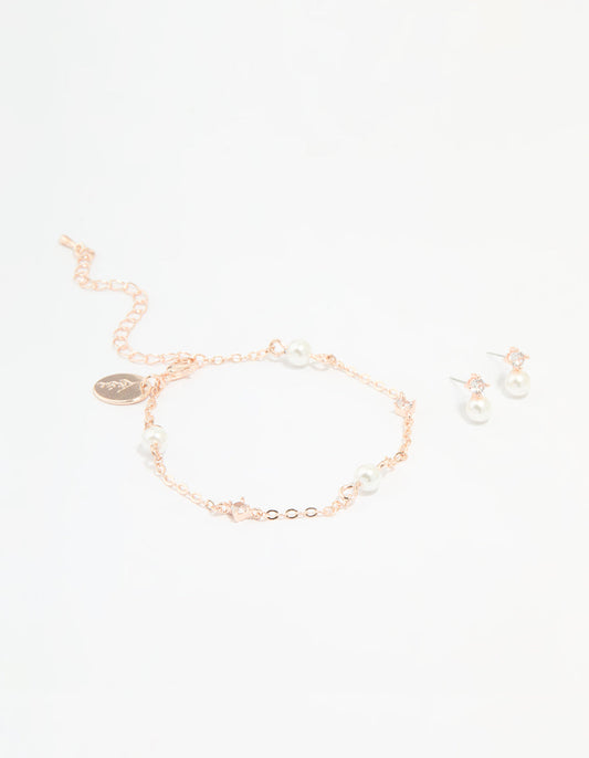 Rose Gold Plated Cubic Zirconia Pearl Bracelet & Earrings Set