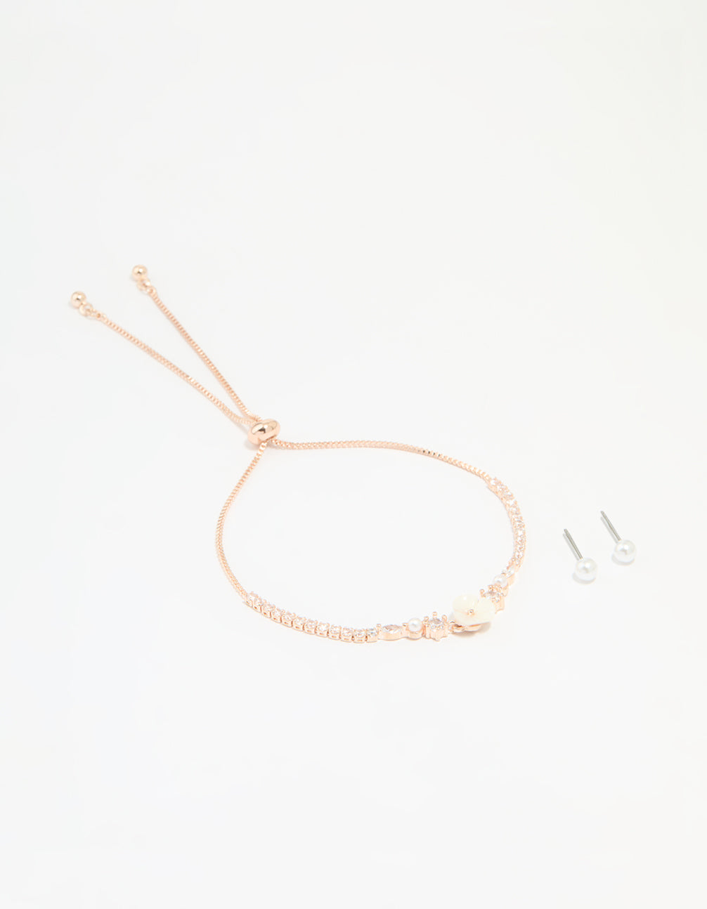 Rose Gold Plated Cubic Zirconia Acrylic Flower Toggle Bracelet & Earrings Set