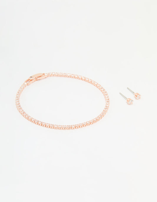 Rose Gold Plated Cubic Zirconia Small Baguette Tennis Bracelet & Earrings Set