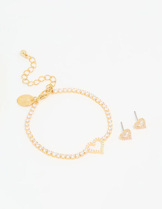Gold Plated Cubic Zirconia Heart Outline Tennis Bracelet & Earrings Set